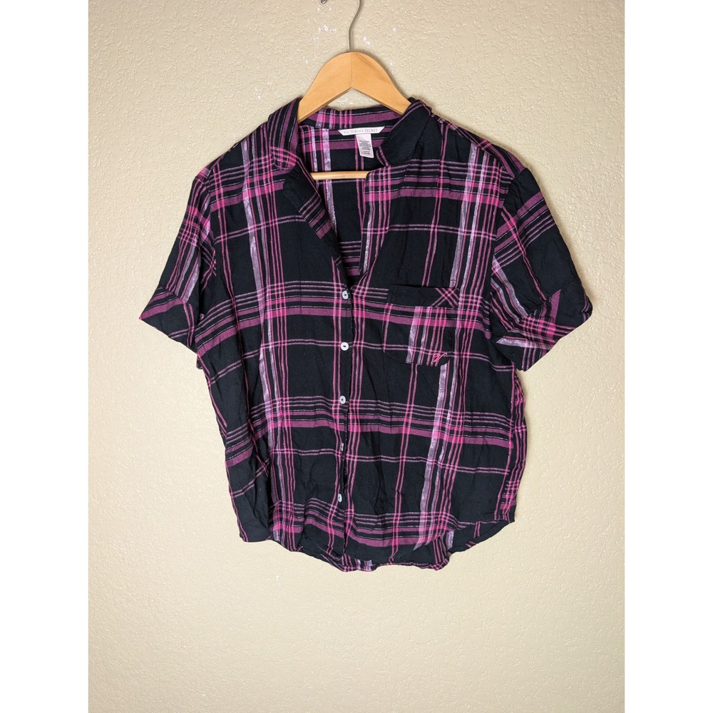 Victoria's Secret Plaid Button Front Pajama Top Women's Small Black Pink